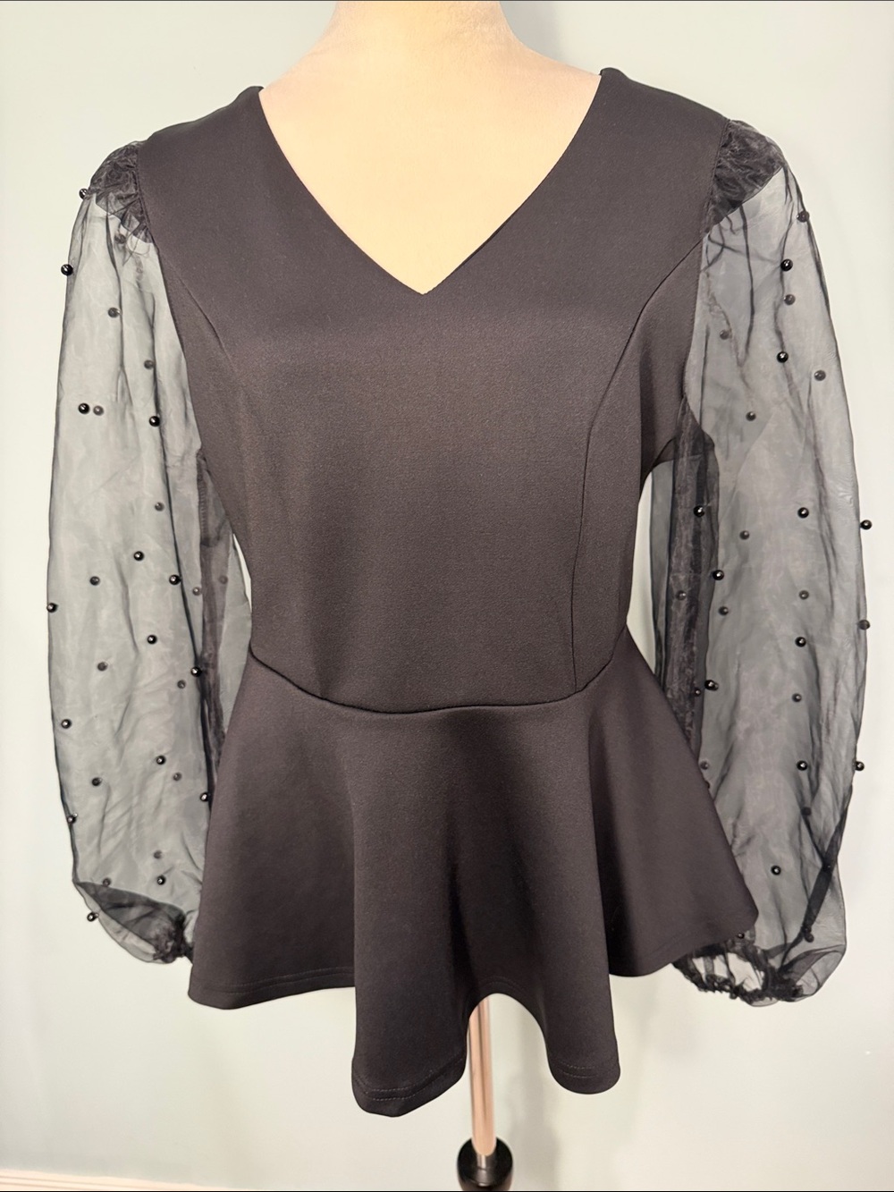 Ashley Stewart Black Peplum Top with Sheer Beaded Sleeves